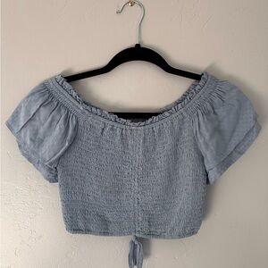 Light Blue Off-Shoulder Smocked Crop Top